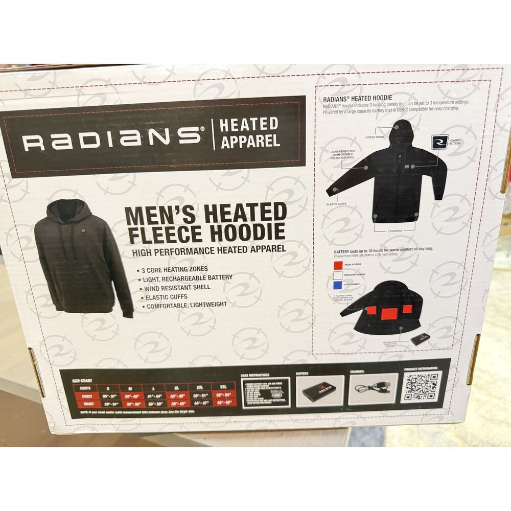 Radians Men’s Heated Fleece Hoodie XL Gray RHG-H300G-XL Battery & Charger NEW